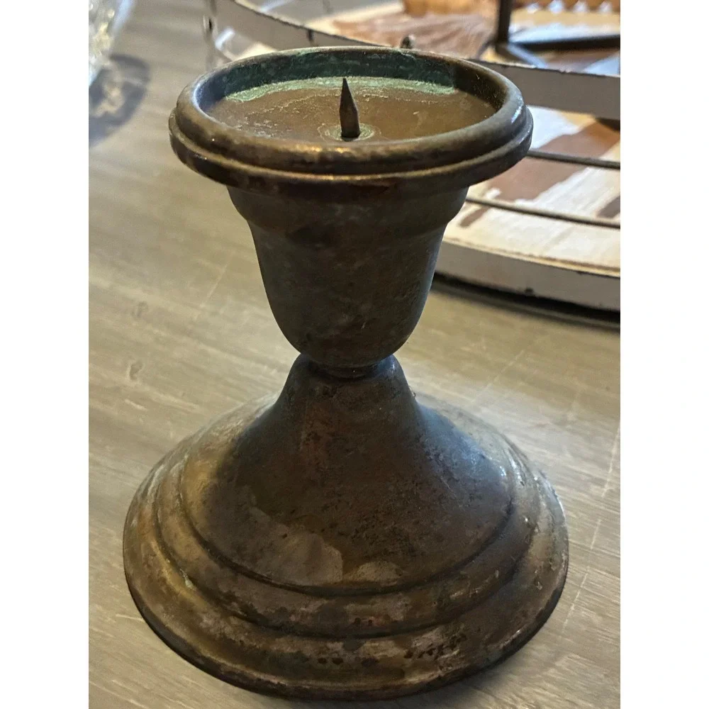 Antique Brass Pricket Candle Holder Vintage Rustic Pillar Spiked‎ Pedestal Base
